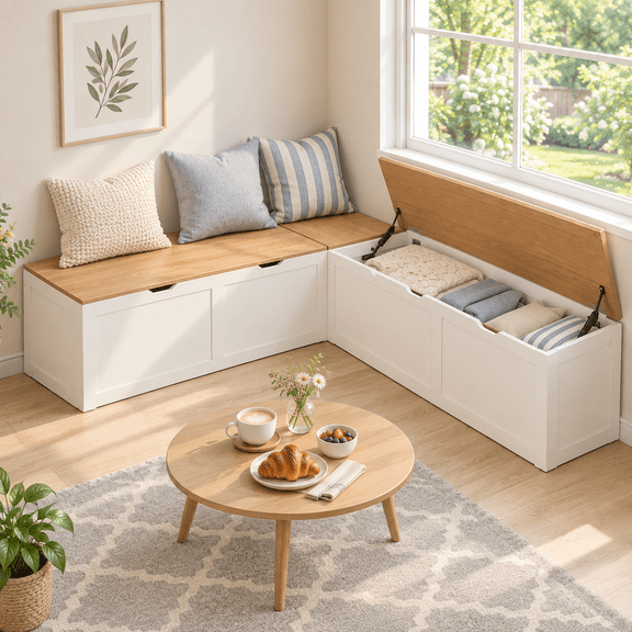 IDEK L Shaped Breakfast Nook Bench with Storage,Space-Saving Corner Bench for Kitchen, Living Room, White and Oka