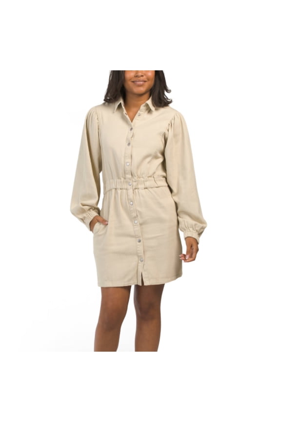 Women's Cotton Long Sleeve Mini Shirt Dress (Beige, M)