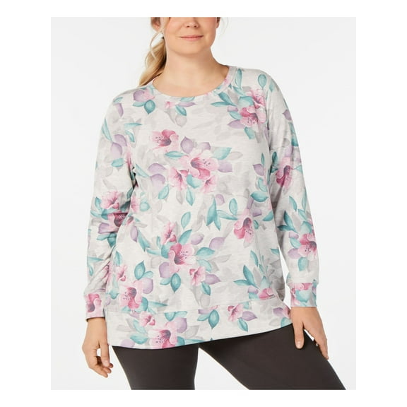 NEW Ideology Women's Plus Floral Printed Lattice-Back Top White Heather Size 3X