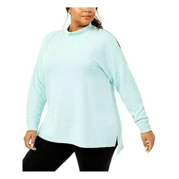 IDEOLOGY Womens Aqua Ribbed Long Sleeve Crew Neck Top Plus 2X