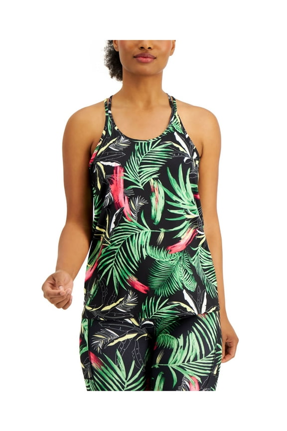 Womens Black Moisture Wicking Printed Spaghetti Strap Scoop Neck Active Wear Tank Top M