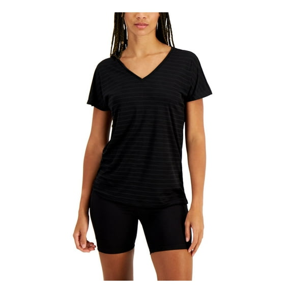IDEOLOGY Womens Black Moisture Wicking Striped Short Sleeve V Neck T-Shirt M