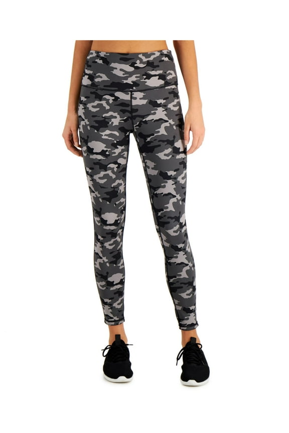 Womens Black Stretch Moisture Wicking Ventilation Flat Seems Camouflage High Waist Leggings XL