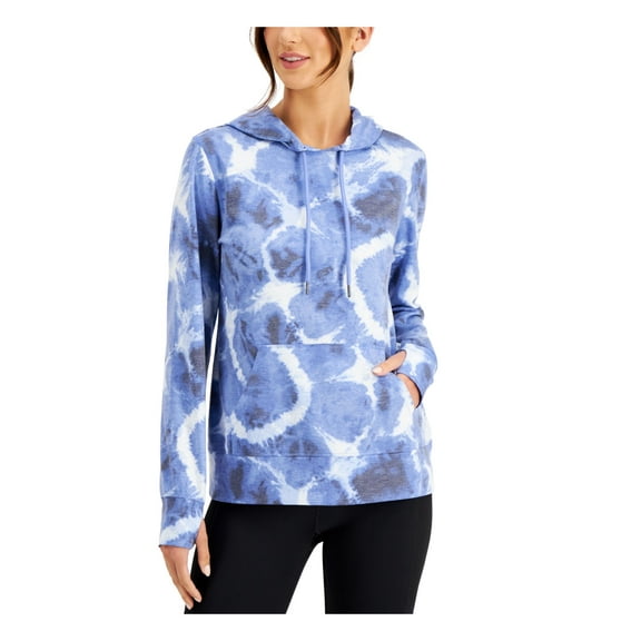IDEOLOGY Womens Blue Pocketed Drawstring Thumbhole Cuffs Printed Long Sleeve Hoodie Top XS