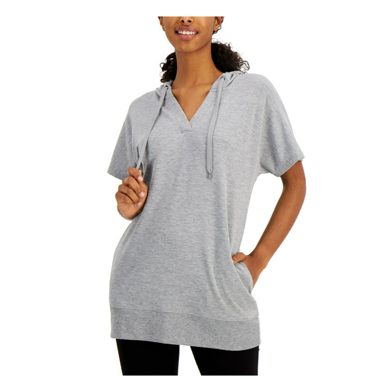 IDEOLOGY Womens Gray Pocketed Tie Hoodie Short Sleeve Tunic Top XS