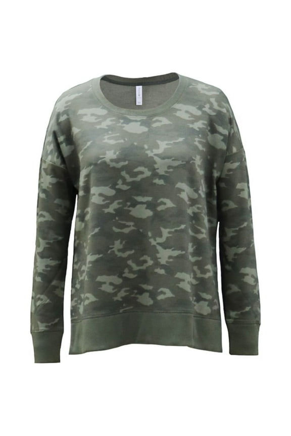 Womens Green Ribbed Camouflage Long Sleeve Crew Neck Top XS