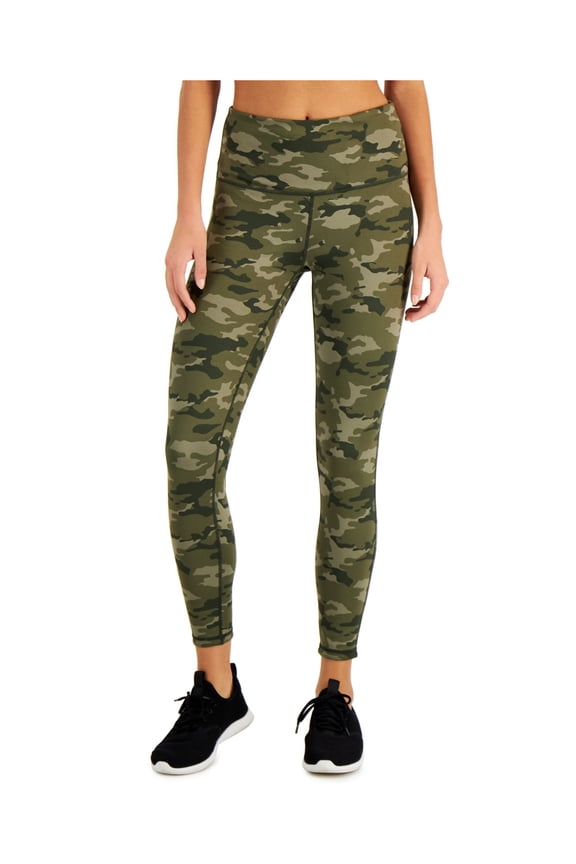 Womens Green Stretch Moisture Wicking Ventilation Flat Seems Camouflage High Waist Leggings L