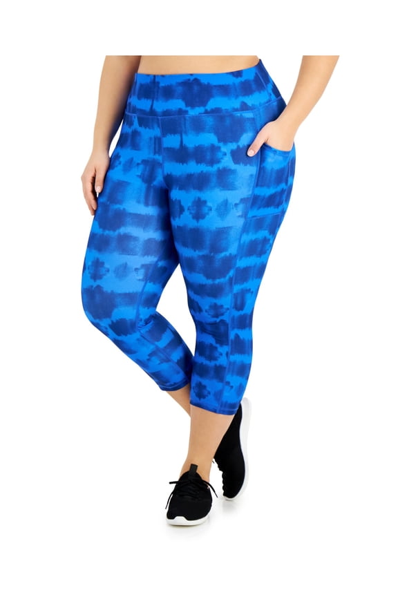 Womens Navy Moisture Wicking Pocketed Stretch Uv Protection Mid-rise Tie Dye Active Wear Cropped Leggings Plus 1X