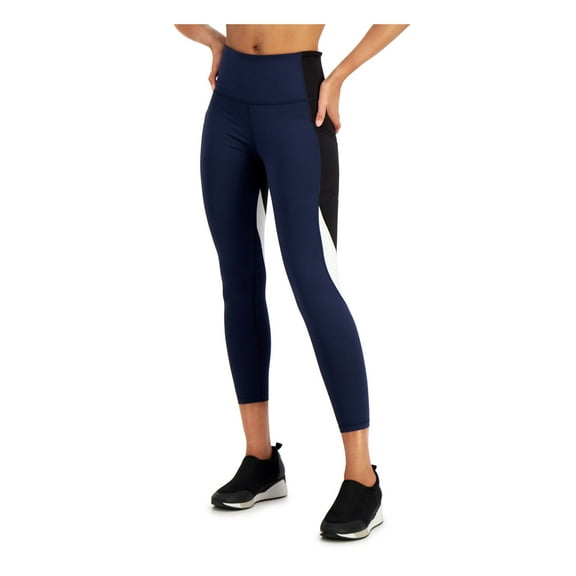 IDEOLOGY Womens Navy Moisture Wicking Pocketed Upf50 Compression Flat Seems Color Block Active Wear High Waist Leggings M