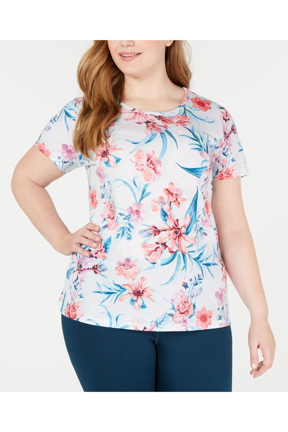 Womens White Stretch Floral Short Sleeve Scoop Neck T-Shirt Plus 1X