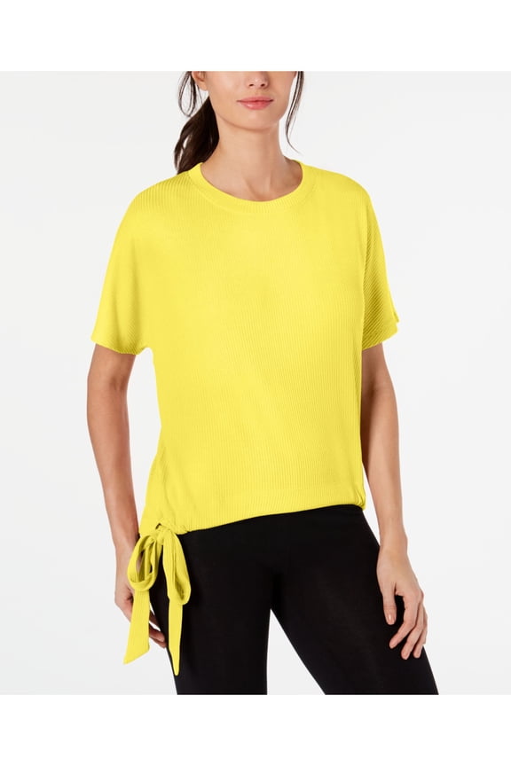 Womens Yellow Tie Patterned Short Sleeve V Neck Top Size: M