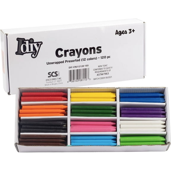 IDIY Unwrapped Bulk Wax Crayons (Pre-sorted 120 ct,12 Colors, 10 Each)-No Paper, ASTM Safety Tested, For Kids, Teachers, Art Classrooms, School Supplies, Melting Drawing Craft Projects,Gift