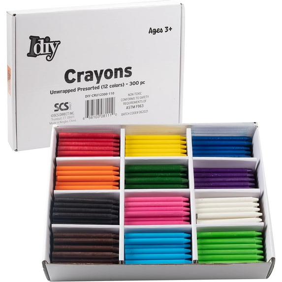 IDIY Unwrapped Bulk Wax Crayons (Pre-sorted 300 ct, 25 each of 12 colors)-No Paper, ASTM Safety Tested, Drawing Melting Project - Great Gift for Drawers