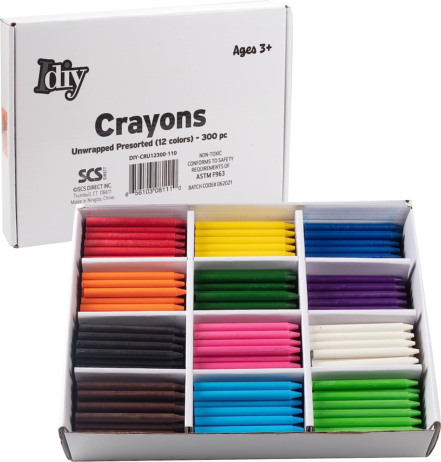 IDIY Unwrapped Bulk Wax Crayons (Pre-sorted 300 ct, 25 each of 12 colors) -  No Paper, ASTM Safety Tested, For Kids, Teachers, Art Classrooms, Back to
