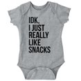 thumbnail image 1 of IDK I Just Really Like Snacks Funny Romper Boys or Girls Infant Baby Brisco Brands 24M, 1 of 6
