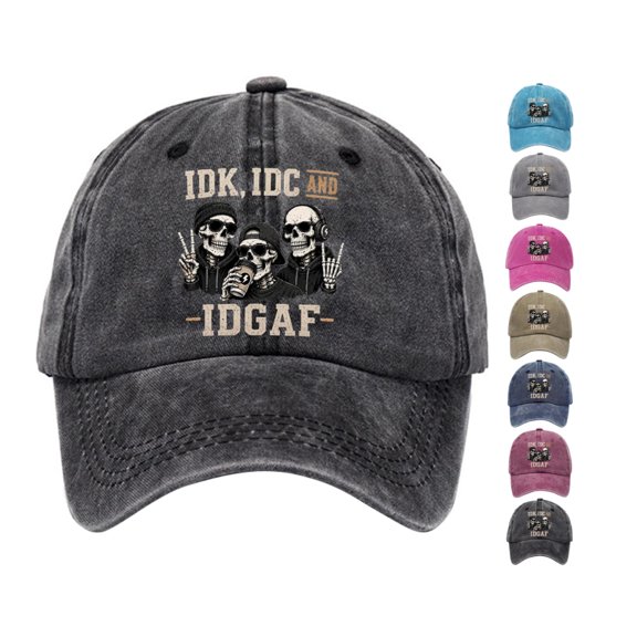 IDK IDC and IDGAF Hat, Funny Skeleton Trio Graphic Black Distressed Baseball Cap, Adjustable Casual Wear for Men and Women