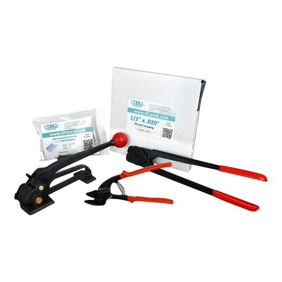 IDL Packaging 1/2" x 200 ft. Steel Strapping Kit for Round Packages, 1100 lbs. Break Strength - Include Consumables for up to 100 Strapping Cycles