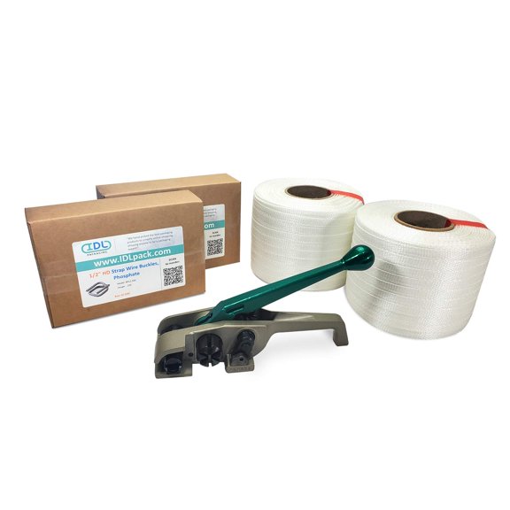 IDL Packaging 1/2" x 3000' PRO Woven Cord Strapping Kit, 650 lbs Break Strength. HD Polyester Cord Strapping Tensioner, Strapping Buckles and Woven Cord Strapping Roll