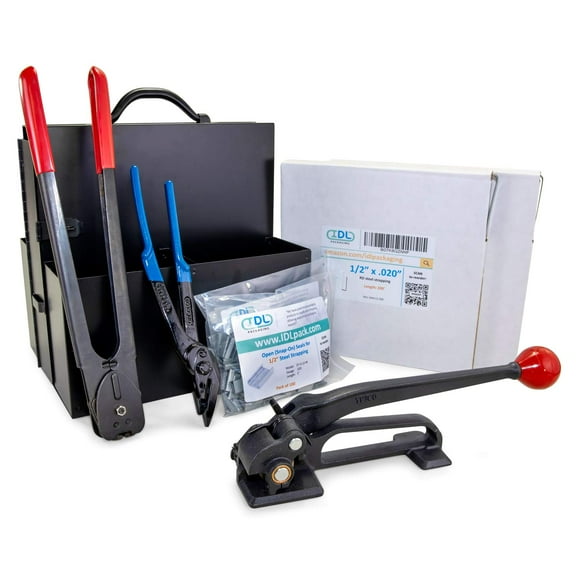 IDL Packaging 1/2" x 400' Portable Steel Strapping Kit, 1100 lbs Break Strength Strapping, Pallet Strapping Full Kit - All You Need to Secure a Pallet