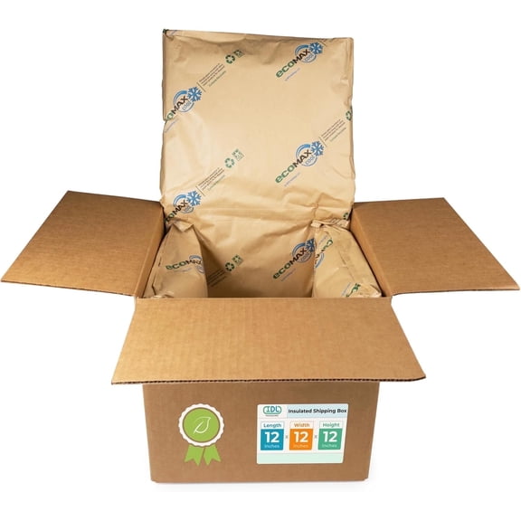 IDL Packaging 12" x 12" x 12" Insulated Shipping Box, 3.6-Gallon Capacity, Pack of 1 - Includes EcoMax™ Thermal-Paper Liners, Absorb Condensation - For Frozen Food, Meat, or Fish