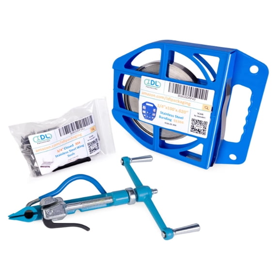 IDL Packaging 3/4" Stainless Steel 304 Banding Kit  Heavy-Duty Banding Tool + 3/4" x 0.02" x 100' Stainless Steel 304 Banding Coil + 100 Stainless Steel Wing Seals