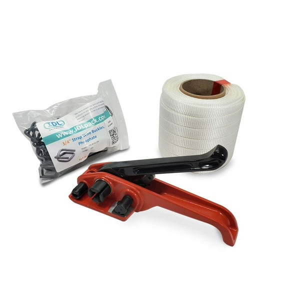 IDL Packaging 3/4" x 250' Woven Cord Strapping Kit, 2425 lbs Break Strength. Polyester Cord Strapping Tensioner, Strapping Buckles and Woven Cord Strapping Roll