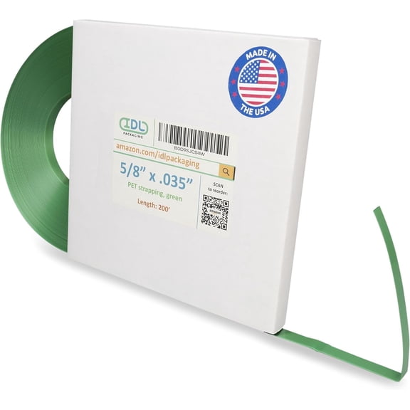 IDL Packaging 5/8" x .035" x 200' Mini Polyester (PET) Strapping Coil, 1400 lbs Breaking Strength, Green