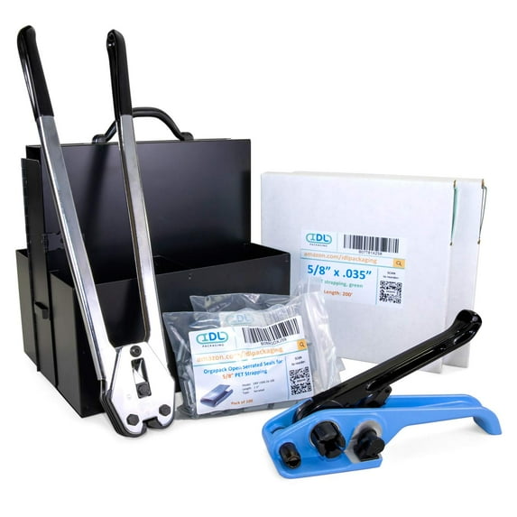 IDL Packaging 5/8" x 400 Portable PET Strapping Kit, 1400 lbs Break Strength Strapping, Pallet Strapping Full Kit - All You Need to Secure a Pallet