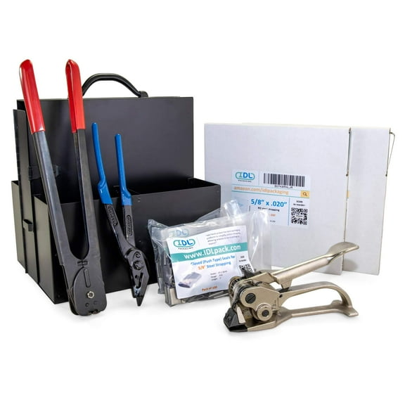 IDL Packaging 5/8" x 400' Portable Steel Strapping Kit for Pipes, 1400 lbs Break Strength Strapping, Pallet Strapping Full Kit - All You Need to Secure a Pallet