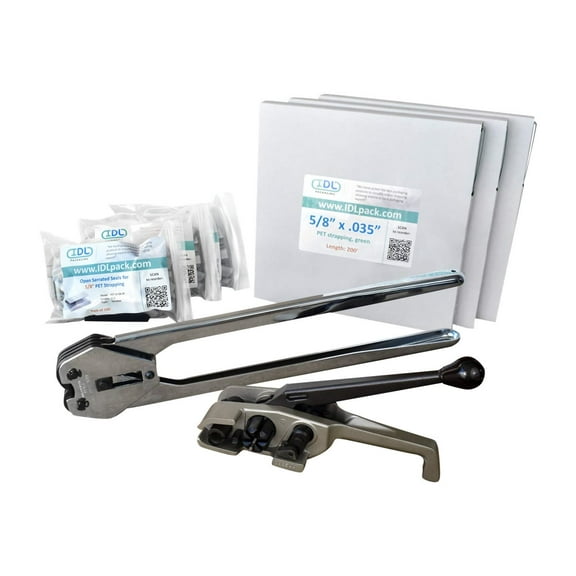 IDL Packaging 5/8" x 600' PRO Polyester (PET) Strapping Kit, 1400 lbs. Break Strength - Include Consumables for up to 300 Strapping Cycles