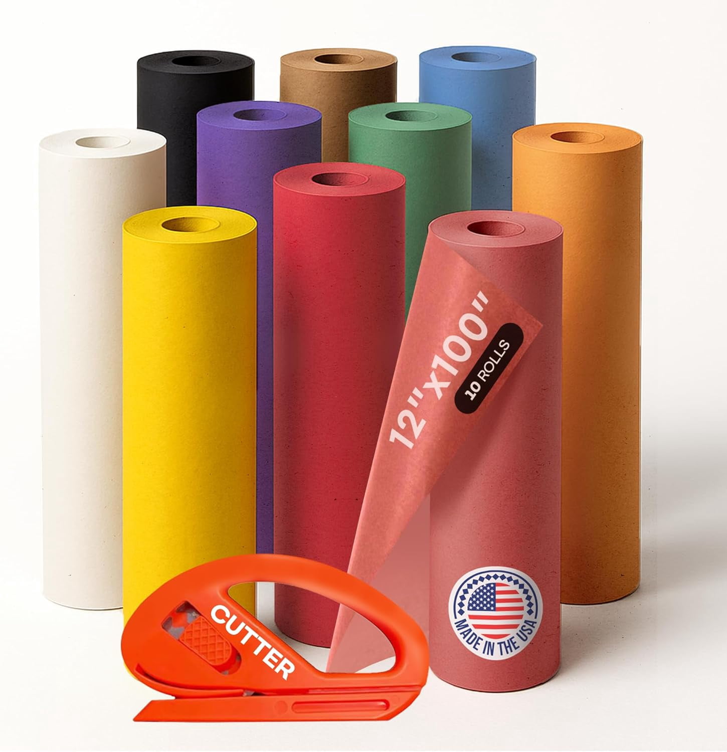 IDL Packaging Assorted Colors Kraft Paper with Cutter, Set of 10 Rolls 12" x 1200" (100 ft) - USA-Made Natural Multi-Color Construction Paper