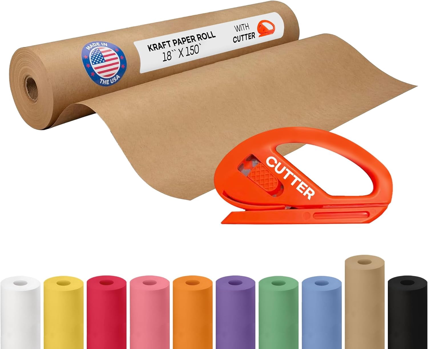 IDL Packaging Brown Kraft Paper Roll 18" x 1800" (150 feet) with Cutter - USA-Made Wrapping Paper