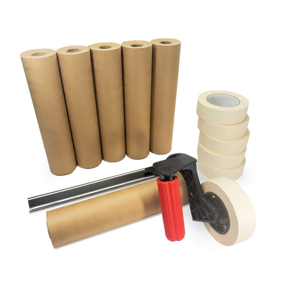 IDL Packaging Masking Kit 12" x 60 Yards Brown Masking Paper (6 Rolls) & 1.41" x 60 Yards White Tape (6 Rolls) & Masking Paper/Tape Dispenser (Built-in Blade) Perfect for Any Renovation Projects