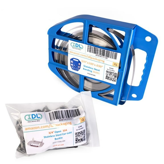 IDL Packaging Refill for 3/4" Stainless Steel 201 Banding Kit 3/4" x 0.03" x 100' Stainless Steel 201 Banding Coil + 100 Stainless Steel Ear-Lokt Buckles