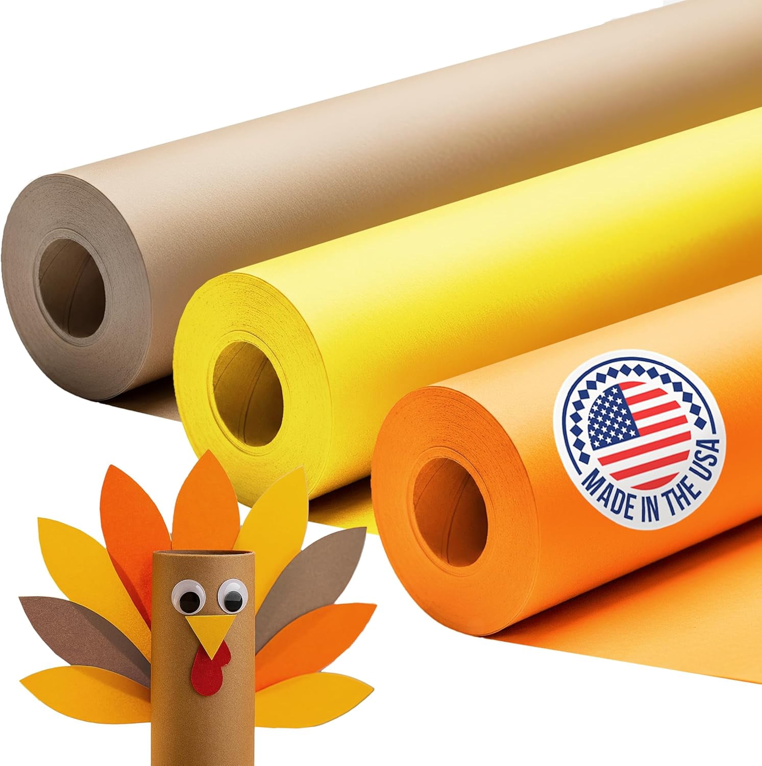 IDL Packaging Thanksgiving Day Cozy Autumn Kraft Paper Set, 3 Rolls (24"x1200", 100 ft Each) – USA-Made Festive Gift Wrapping Rolls