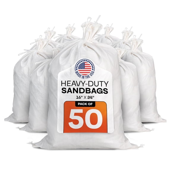 IDL Packaging White Sand Bags 16"x24", 50-Pack - USA-Made Havy-Duty Sandbags for Flood Protection, Construction