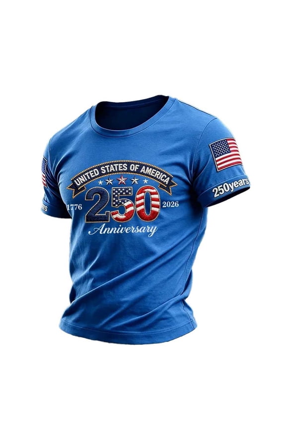 250 Anniversary USA Shirt Men Summer Casual Short Sleeve 4th of July Shirts for Men Tee 250 Years America Flag Patriotic T Shirts for Man Workout Tshirts Blue, XXXL