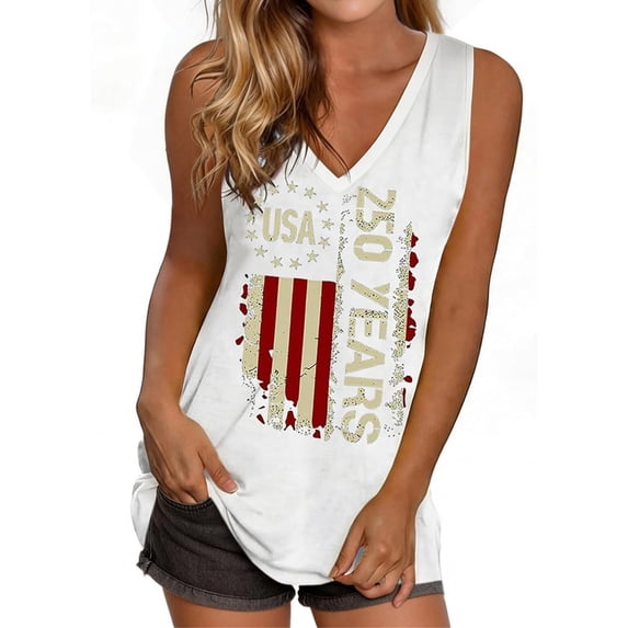 IDOCLOTHES 4th of July Tank Tops for Women 250th Anniversary USA Shirt America 250 Years V Neck Sleeveless Tops Patriotic Shirts for Women Tanks White, XXL