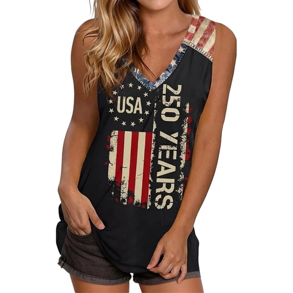 IDOCLOTHES 4th of July Tank Tops for Women Summer V Neck 250th Anniversary USA Shirt America 250 Years Patriotic Shirts for Women Tanks Sleeveless Tops Black, M