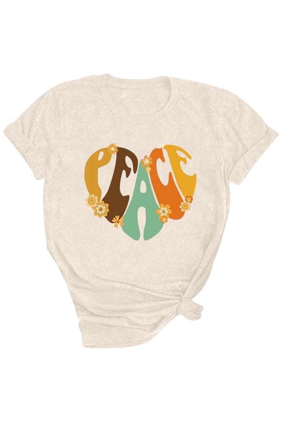 60s 70s Peace Shirts Women Vintage Groovy Floral Sunflower Graphic Hippie Lover T-Shirt Casual Short Sleeve Tees Tops Beige, L
