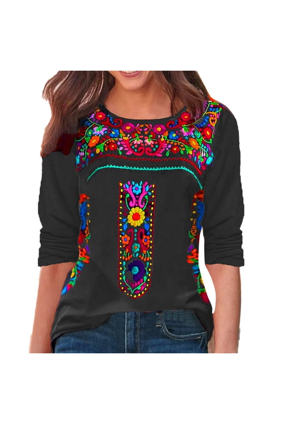 Boho Tops for Women Long Sleeve Mexican Mexican Shirts for Women Floral Embroidered Fiesta Shirts Peasant Blouses Fashion Clothing Grey, XXL