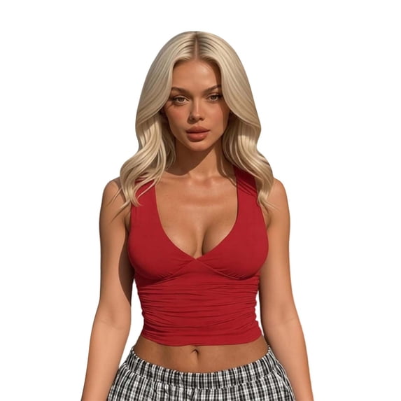 IDOCLOTHES Deep V Neck Ruched Cropped Tank Tops for Women Summer Casual Slim Fit Sleeveless Going Out Crop Camisole Shirts Red M