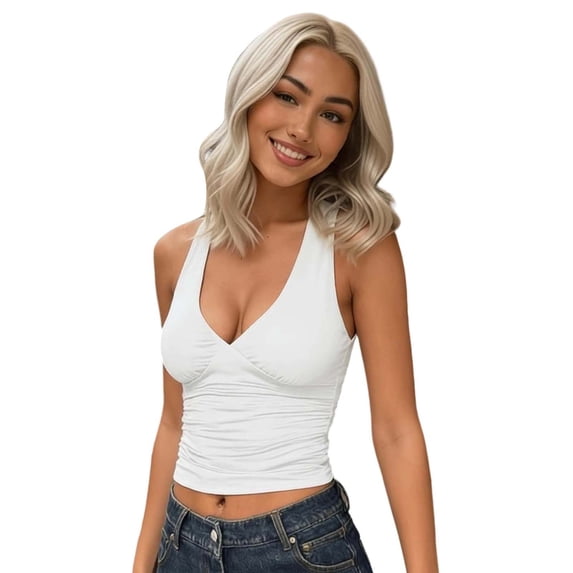 IDOCLOTHES Deep V Neck Ruched Cropped Tank Tops for Women Summer Casual Slim Fit Sleeveless Going Out Crop Camisole Shirts White M