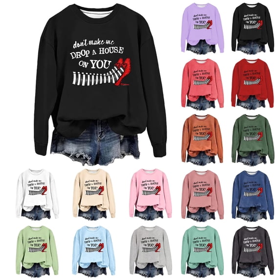 IDOCLOTHES Don't Make Me Drop a House On You Halloween Sweatshirt for Women Funny Graphic Oversized Long Sleeve Pullover Tops Womens Clothes Pink, S