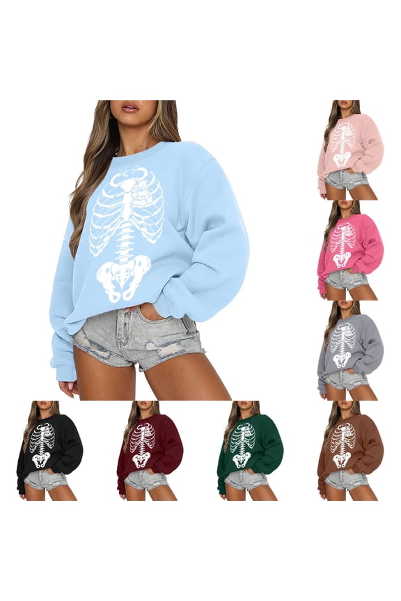 Halloween Sweatshirt Women 2026 Trendy Skeleton Printed Halloween Sweaters for Women Fall Outfits Long Sleeve Tops Womens Fall Fashion Clothing Pink, L