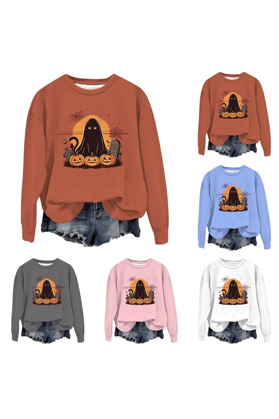 Halloween Sweatshirt Women Dressy Casual Ghost Black Cat Pumpkin Printed Long Sleeve Fall Sweaters for Women Outfits Womens Fall Fashion Clothing Orange, S
