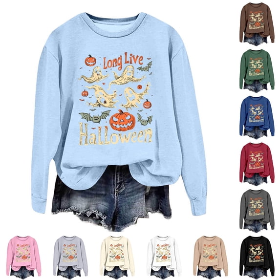 IDOCLOTHES Halloween Sweatshirt Women Long Live Pumpkin Spooky Ghost Fall Outfits 2026 Trendy Graphic Going Out Tops Womens Fashion Clothing Green, XXL