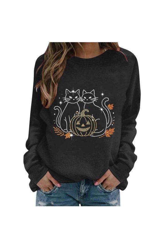 Halloween Sweatshirt for Women Plus Size Witch Printed Long Sleeve Sweaters 2026 Crewneck Pullover Tops Fall Clothes Womens Fall Fashion Clothing Black, M