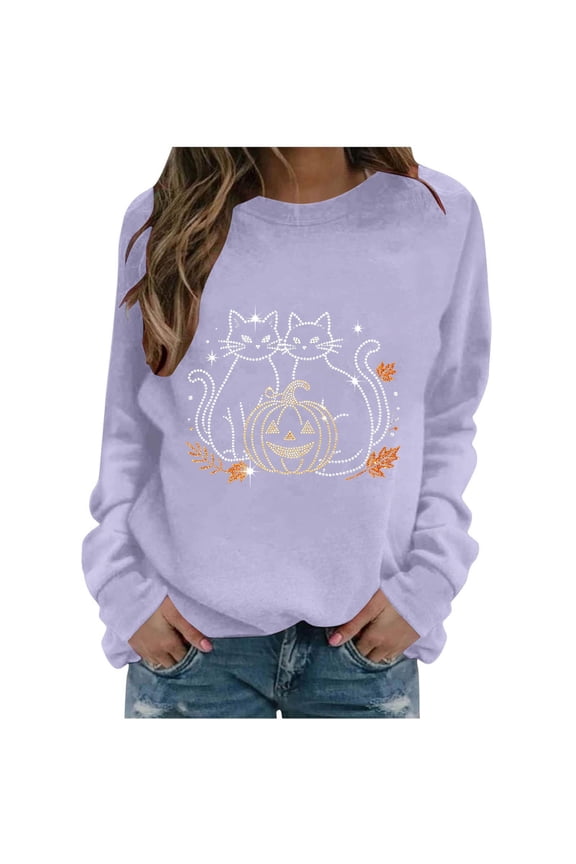 Halloween Sweatshirt for Women Plus Size Witch Printed Long Sleeve Sweaters 2026 Crewneck Pullover Tops Fall Clothes Womens Fall Fashion Clothing Purple, L