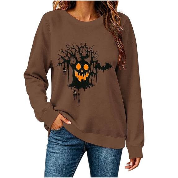 IDOCLOTHES Halloween Sweatshirts for Women 2026 Funny Pumpkin Face Printed Long Sleeve Oversized Sweaters Trendy Pullover Tops Womens Fall Fashion Clothing Brown, S